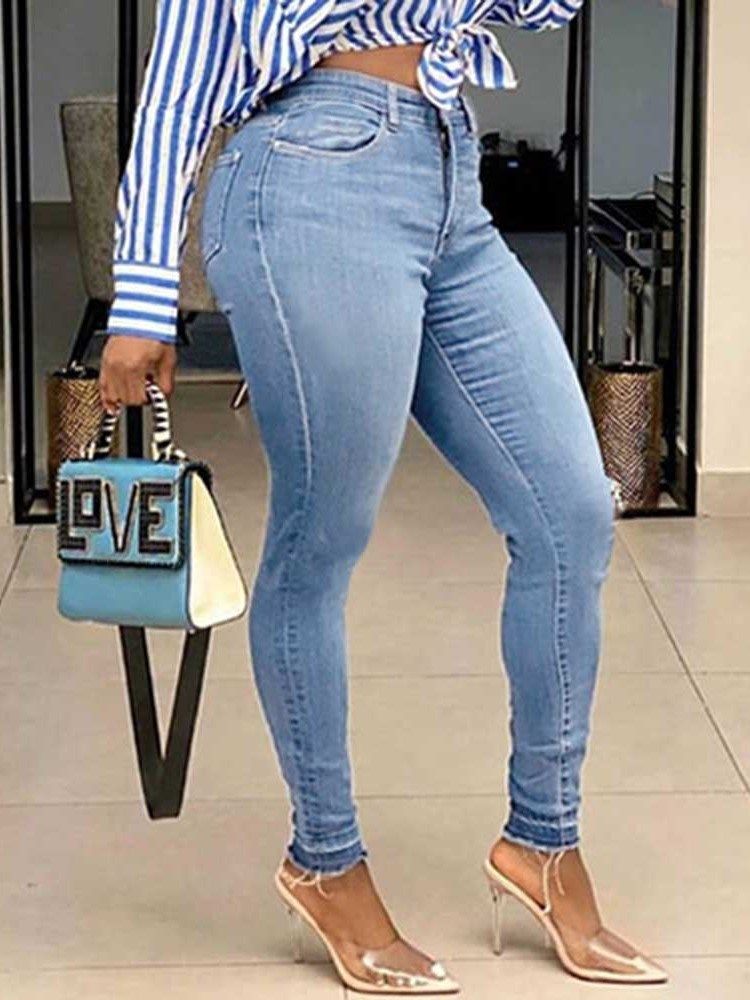 Calça Lápis Lavável Liso Cintura Alta Zíper Calça Jeans Feminina