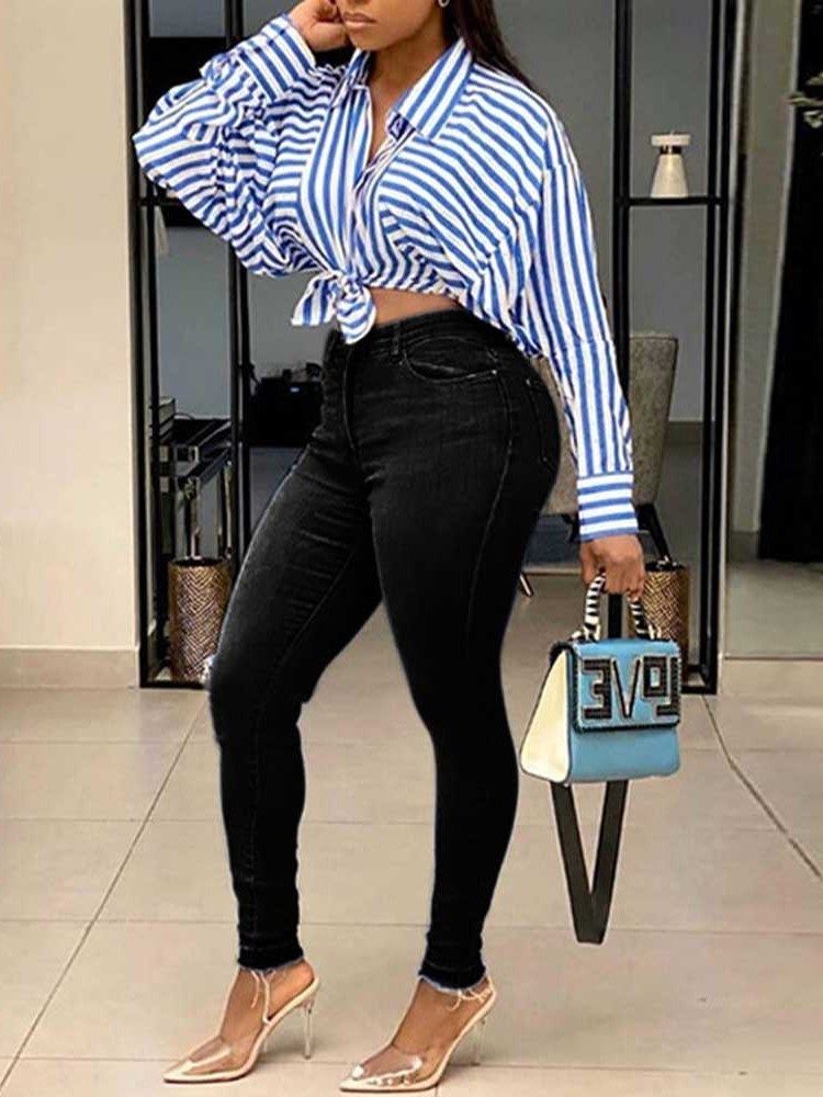 Calça Lápis Lavável Liso Cintura Alta Zíper Calça Jeans Feminina