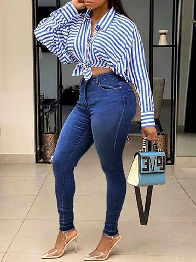 Calça Lápis Lavável Liso Cintura Alta Zíper Calça Jeans Feminina
