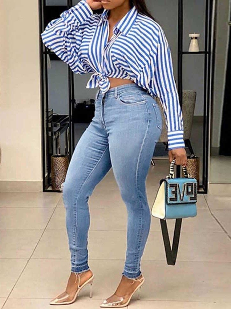 Calça Lápis Lavável Liso Cintura Alta Zíper Calça Jeans Feminina