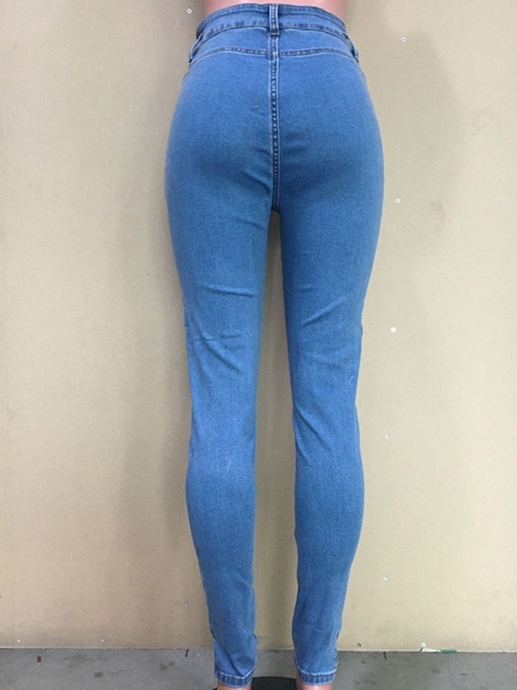 Calça Lápis Lavável Liso Meio Cintura Zíper Calça Jeans Feminina