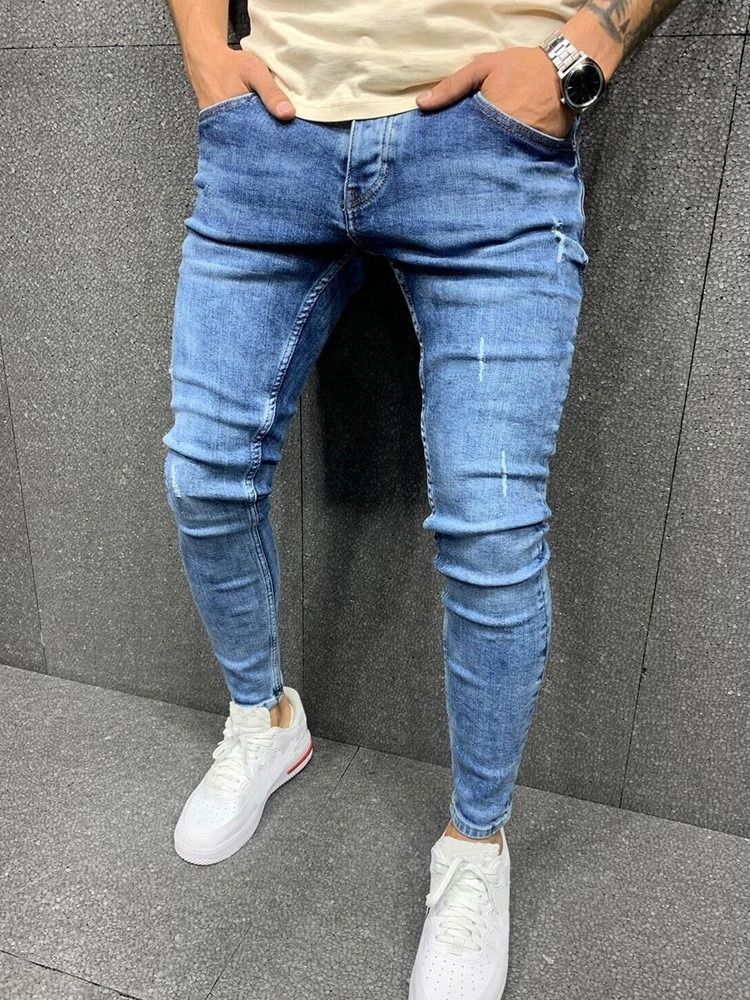 Calça Lápis Liso Jeans Europeu Masculino De Cintura Média
