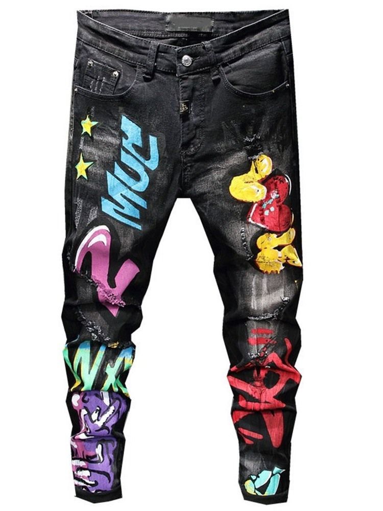 Calça Lápis Masculina Com Impressão De Carta Jeans Europeus De Cintura Média