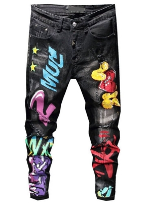 Calça Lápis Masculina Com Impressão De Carta Jeans Europeus De Cintura Média