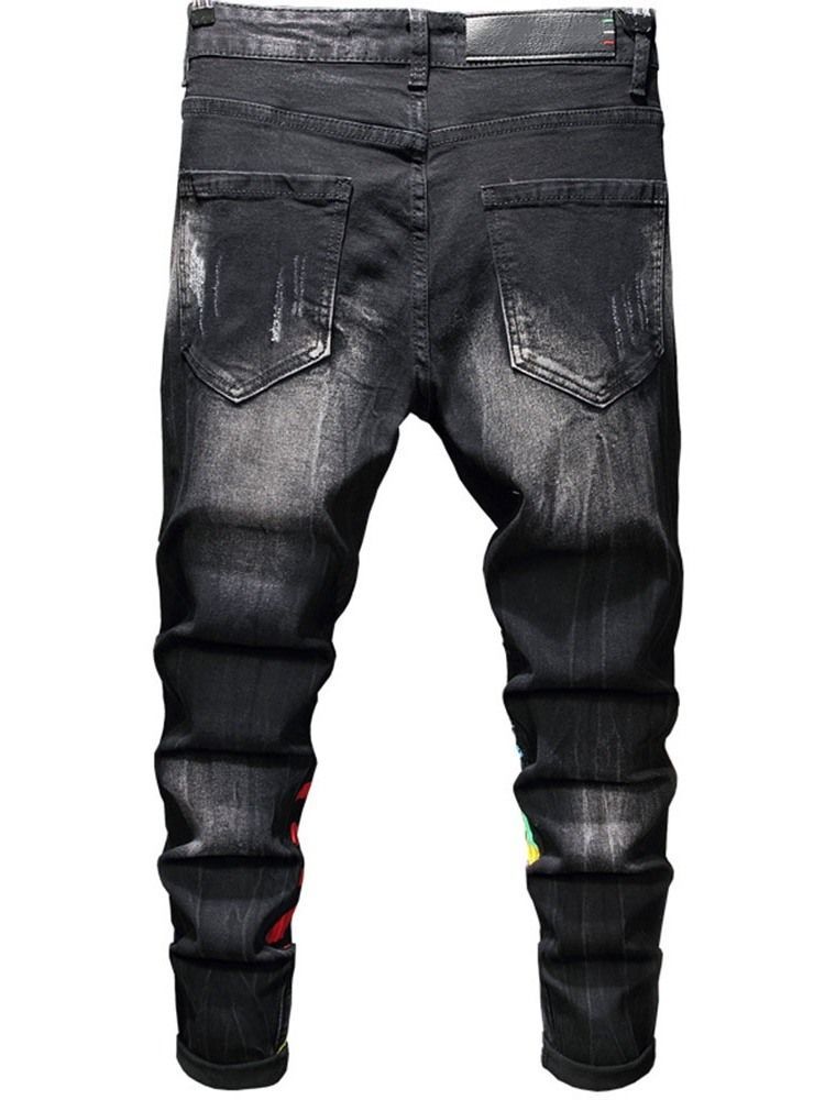 Calça Lápis Masculina Com Impressão De Carta Jeans Europeus De Cintura Média