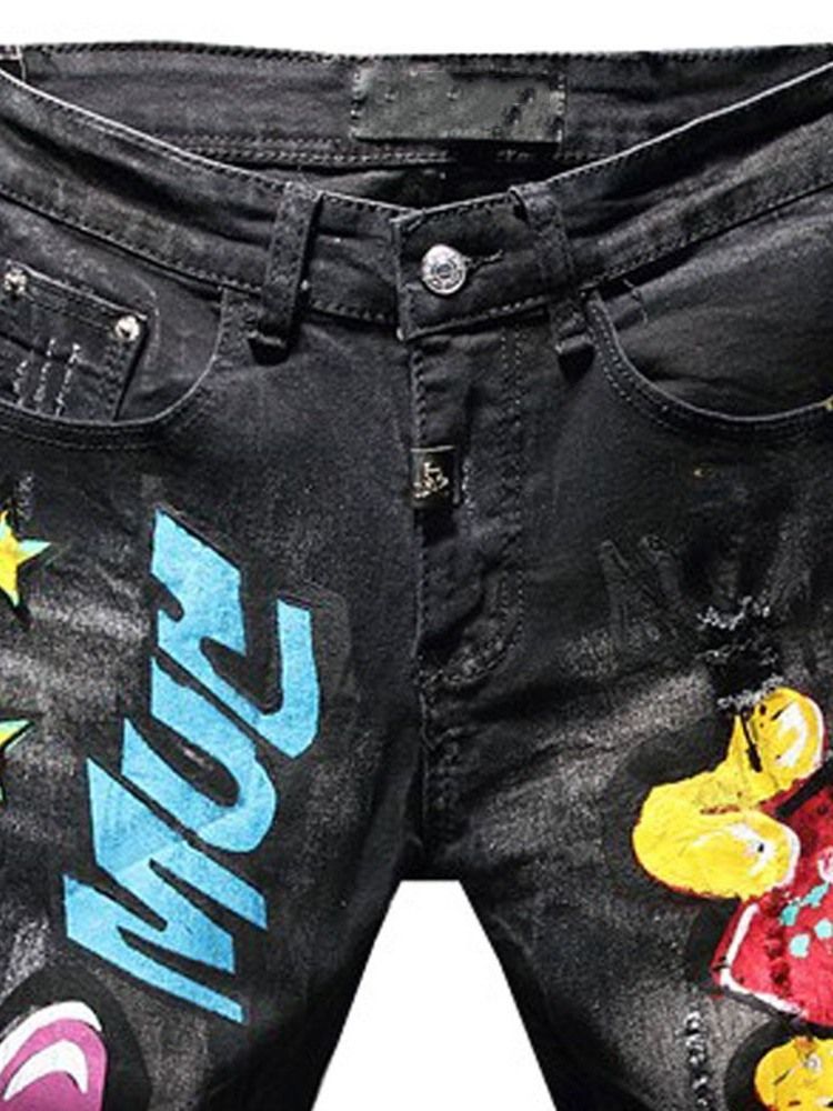 Calça Lápis Masculina Com Impressão De Carta Jeans Europeus De Cintura Média