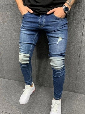 Calça Lápis Patchwork Bloco De Cores Com Zíper Cintura Média Calça Jeans Masculina