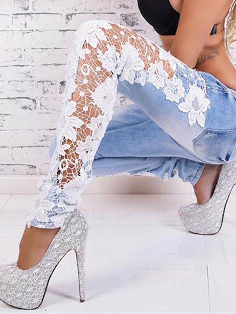 Calça Lápis Patchwork Feminino Calça Jeans Slim Com Zíper