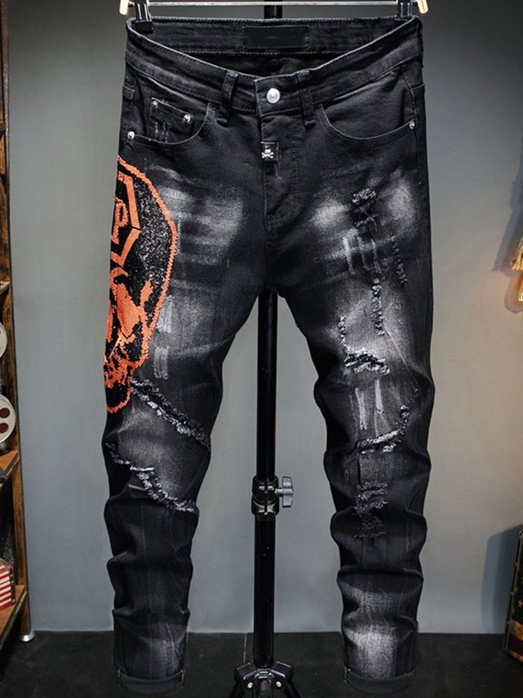 Calça Lápis Usada Letter Worn Jeans Masculino Com Zíper Europeu