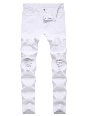 Calças De Brim Com Zíper Com Cintura Reta E Buraco Reto Masculino