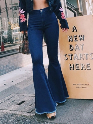 Calças De Ganga Femininas Bellbottoms Com Botão Liso E Cintura Alta Slim