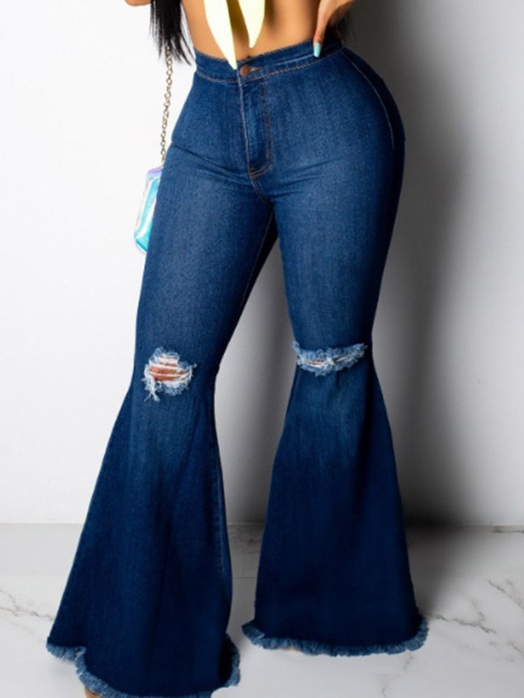 Calças De Ganga Femininas Hole Bellbottoms Plain Slim Zipper