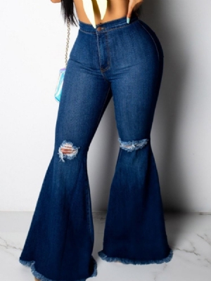 Calças De Ganga Femininas Hole Bellbottoms Plain Slim Zipper