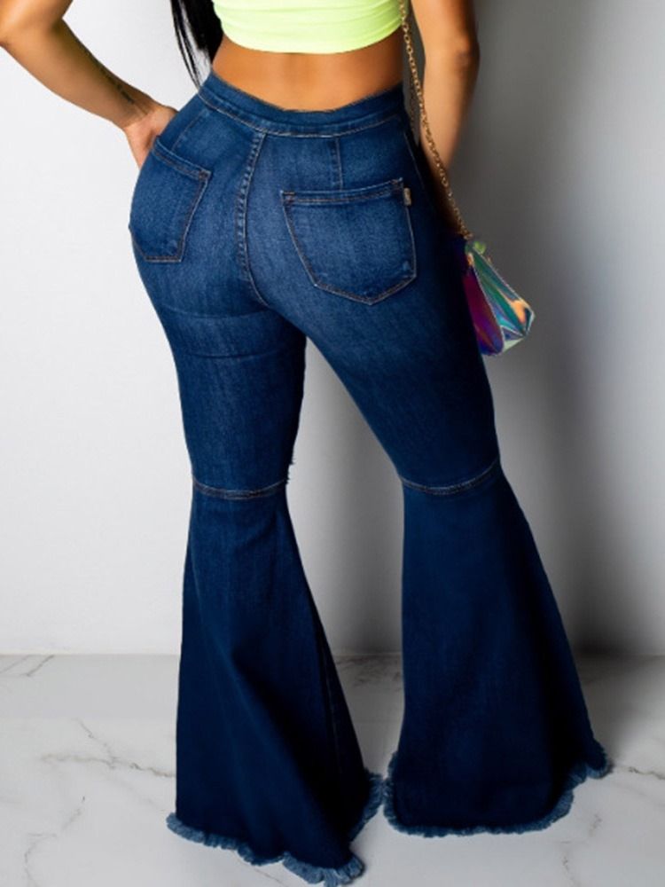 Calças De Ganga Femininas Hole Bellbottoms Plain Slim Zipper