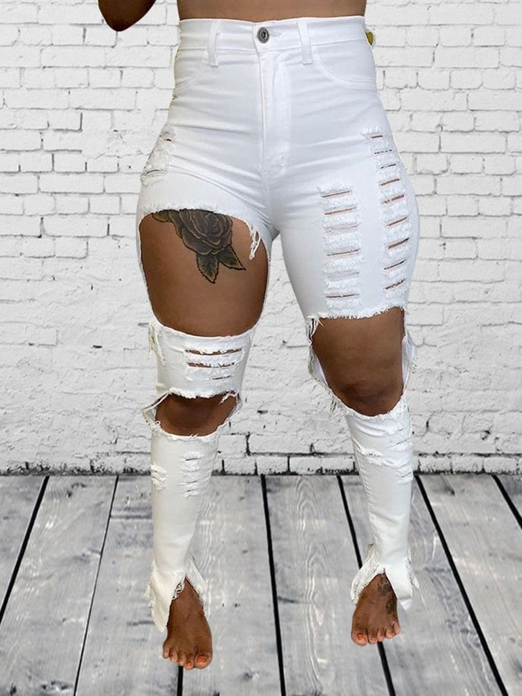 Calças De Ganga Femininas Simples Bellbottoms Hole Skinny Mid Waist