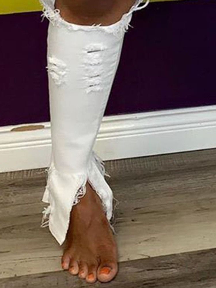 Calças De Ganga Femininas Simples Bellbottoms Hole Skinny Mid Waist
