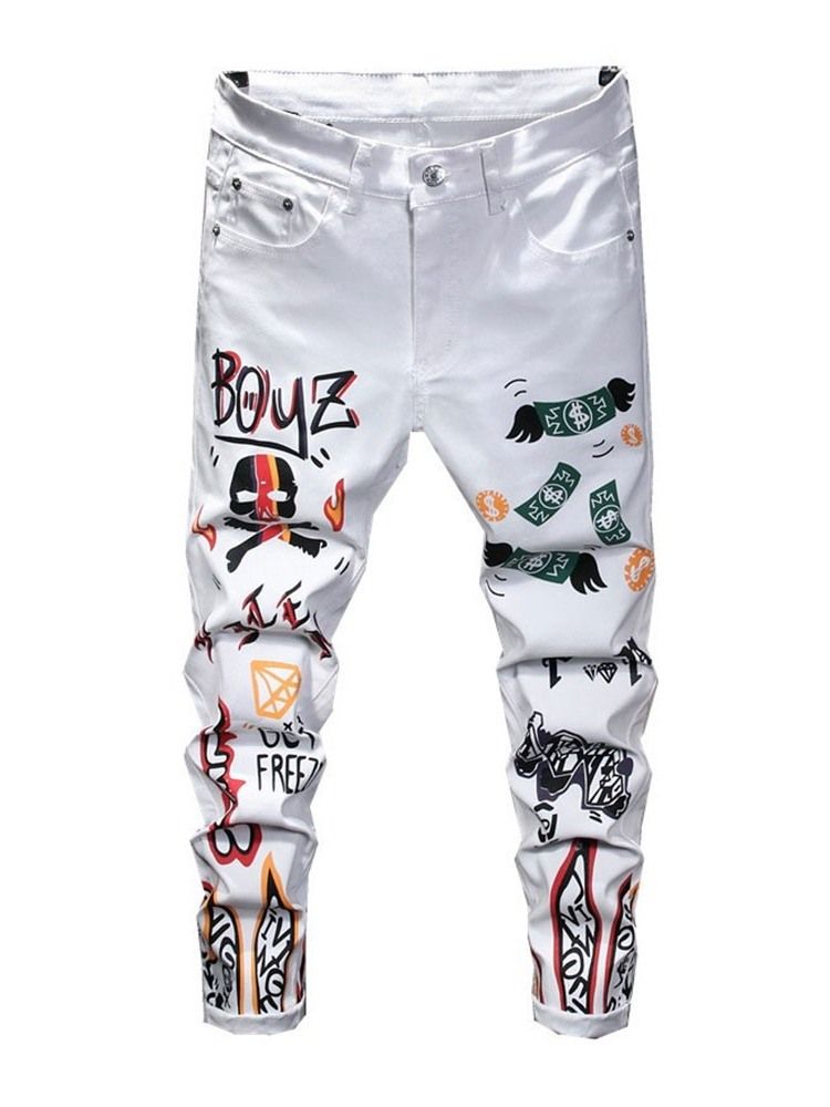 Calças Jeans De Cintura Média Masculina Estampada Masculina