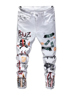Calças Jeans De Cintura Média Masculina Estampada Masculina