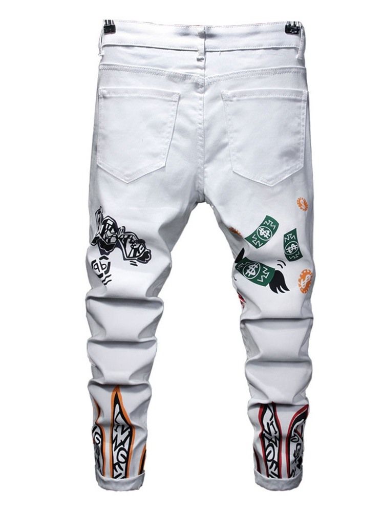 Calças Jeans De Cintura Média Masculina Estampada Masculina