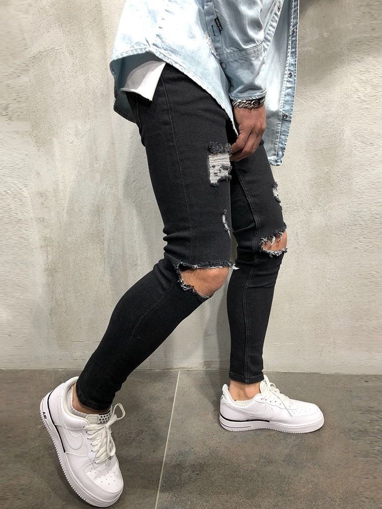 Calças Jeans Com Zíper De Cintura Baixa Lisa Masculina Buraco Baixo
