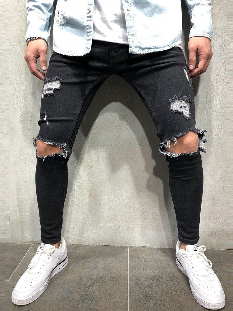 Calças Jeans Com Zíper De Cintura Baixa Lisa Masculina Buraco Baixo