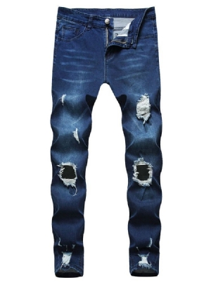 Calças Jeans Com Zíper De Cintura Média E Buraco Liso Masculino