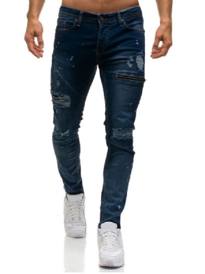 Calças Jeans Com Zíper Liso Com Zíper Na Cintura Média