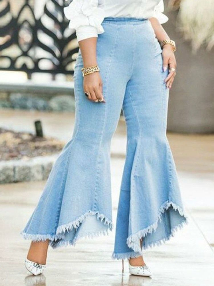 Calças Jeans Femininas Bellbottoms Asymmetric Plain Slim