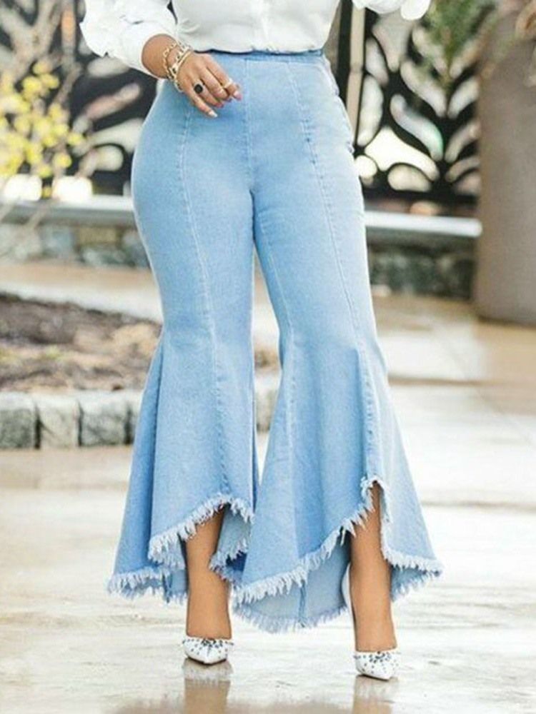 Calças Jeans Femininas Bellbottoms Asymmetric Plain Slim