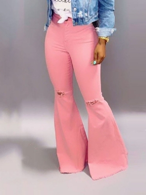 Calças Jeans Femininas Bellbottoms Ripped Plain Zipper Slim