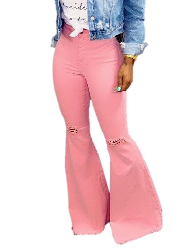 Calças Jeans Femininas Bellbottoms Ripped Plain Zipper Slim