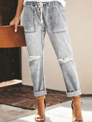 Calças Jeans Femininas Com Elástico Liso Com Cordões