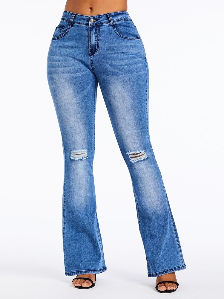 Calças Jeans Femininas Com Zíper De Cintura Alta E Cintura Alta Com Furo Liso