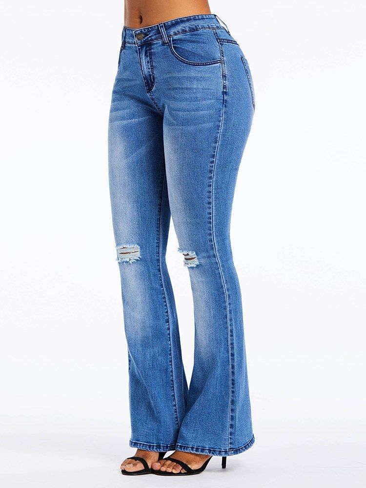 Calças Jeans Femininas Com Zíper De Cintura Alta E Cintura Alta Com Furo Liso