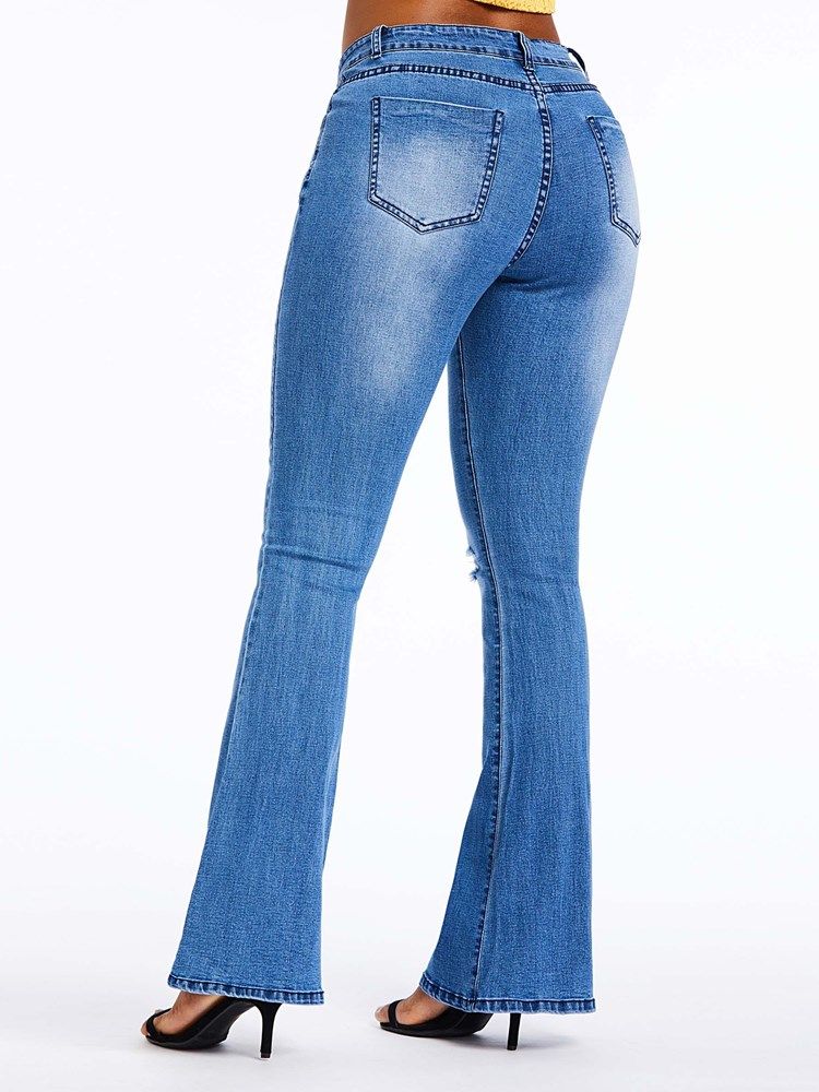 Calças Jeans Femininas Com Zíper De Cintura Alta E Cintura Alta Com Furo Liso
