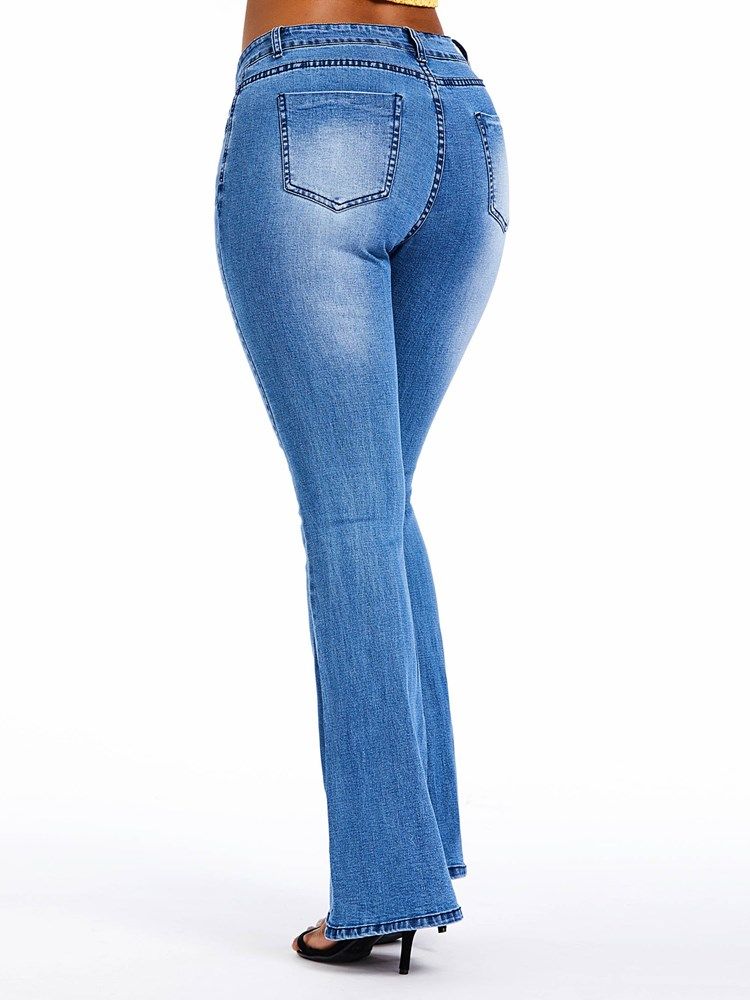 Calças Jeans Femininas Com Zíper De Cintura Alta E Cintura Alta Com Furo Liso