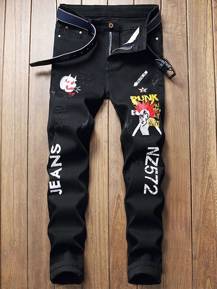 Calças Jeans Masculinas Com Bordado Reto Com Zíper De Cintura Média
