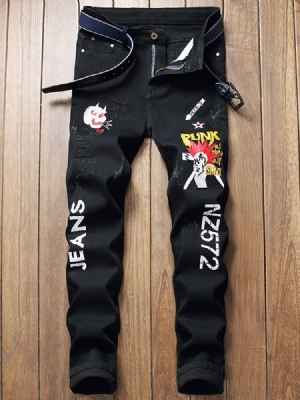 Calças Jeans Masculinas Com Bordado Reto Com Zíper De Cintura Média