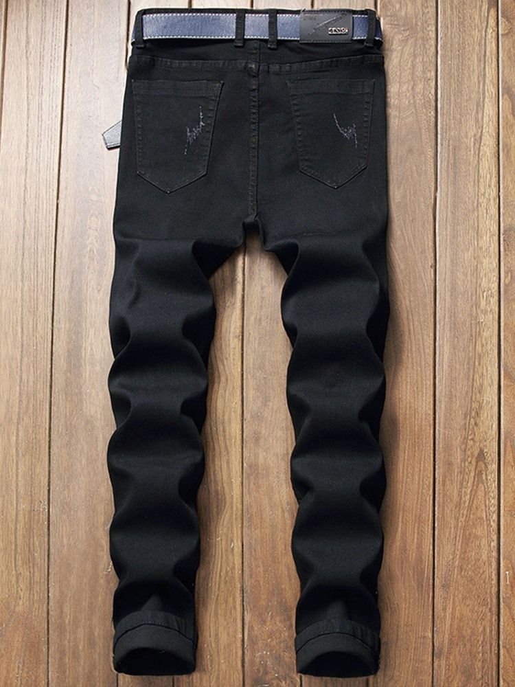 Calças Jeans Masculinas Com Bordado Reto Com Zíper De Cintura Média