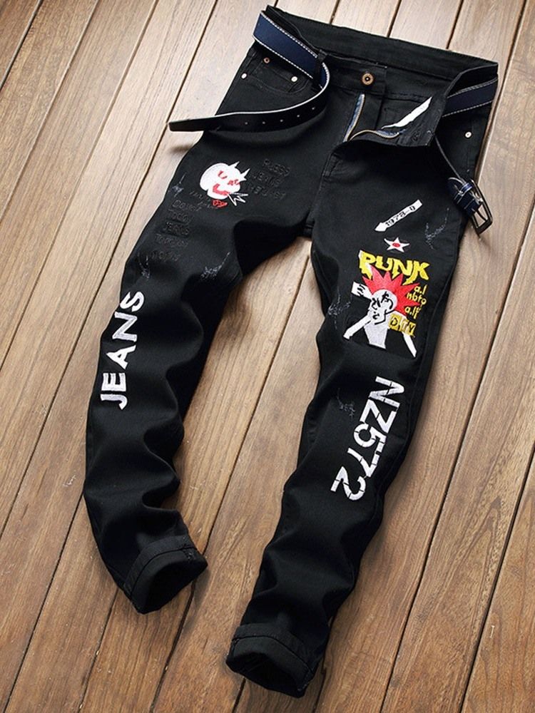 Calças Jeans Masculinas Com Bordado Reto Com Zíper De Cintura Média