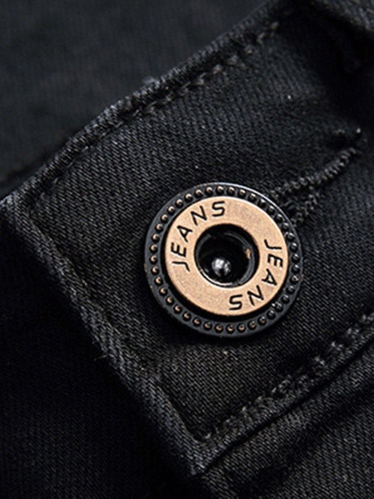 Calças Jeans Masculinas Com Bordado Reto Com Zíper De Cintura Média