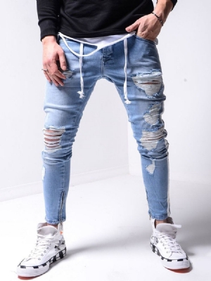 Calças Lápis Hole Masculino Zipper Sports Jeans