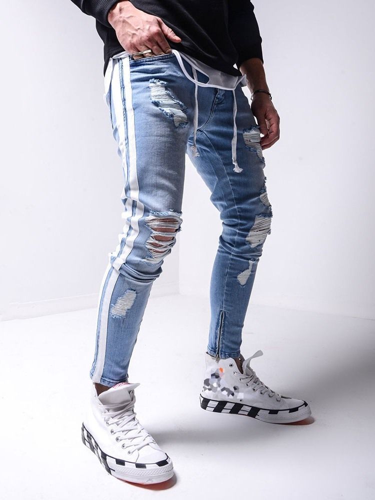 Calças Lápis Hole Masculino Zipper Sports Jeans