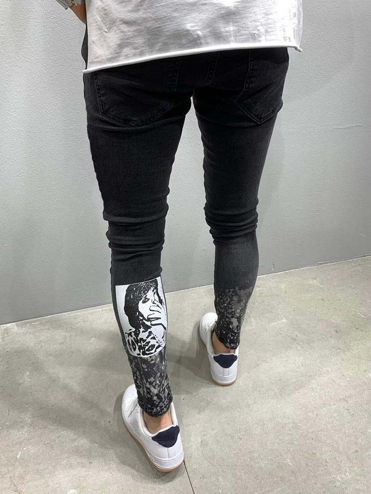 Calças Lápis Masculinas Buraco Europeu Jeans Cintura Média