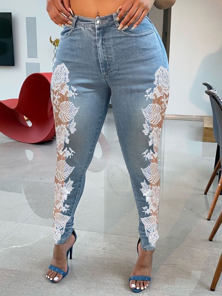 Calças Lápis De Renda Feminina Cor Block Zipper Skinny Jeans