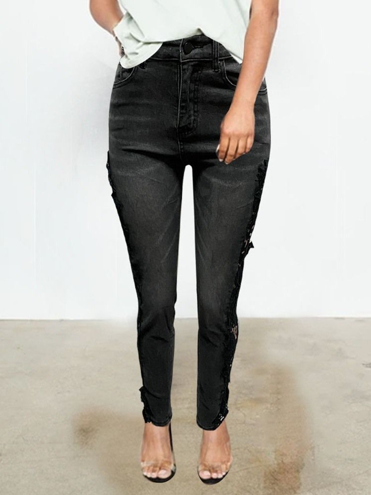 Calças Lápis De Renda Feminina Cor Block Zipper Skinny Jeans