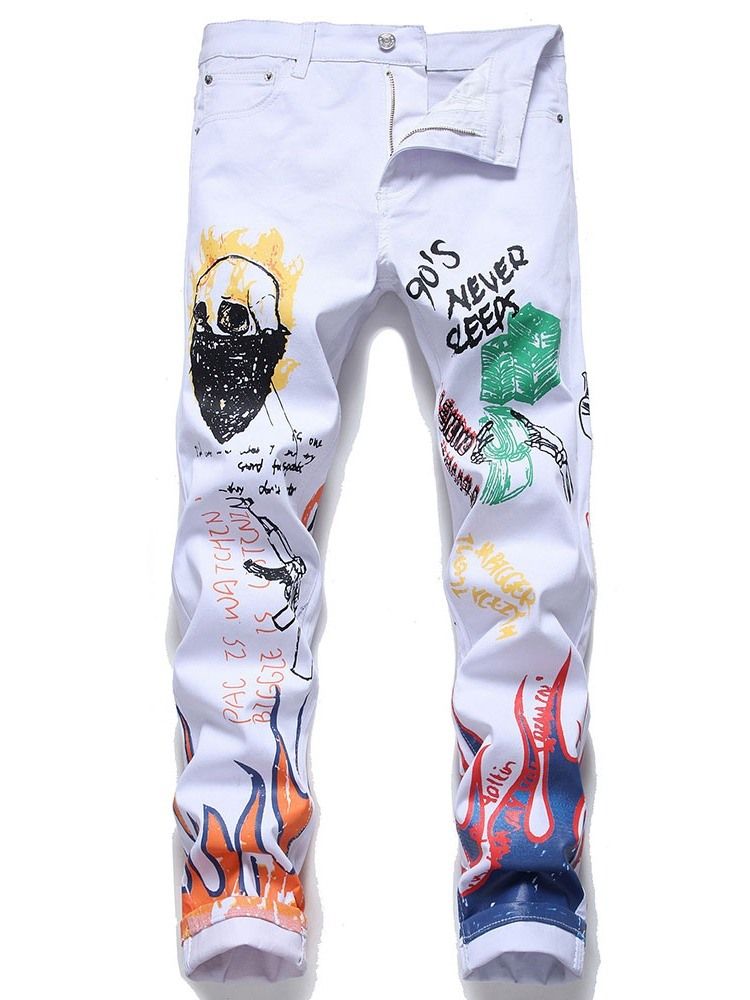 Imprimir Carta Com Zíper Cintura Média Calça Jeans Slim Masculina