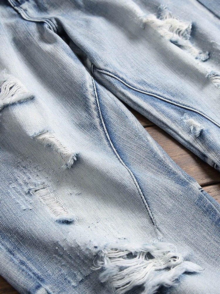 Jeans Casuais Masculinos Com Zíper Reto E Buraco Micro-elástico