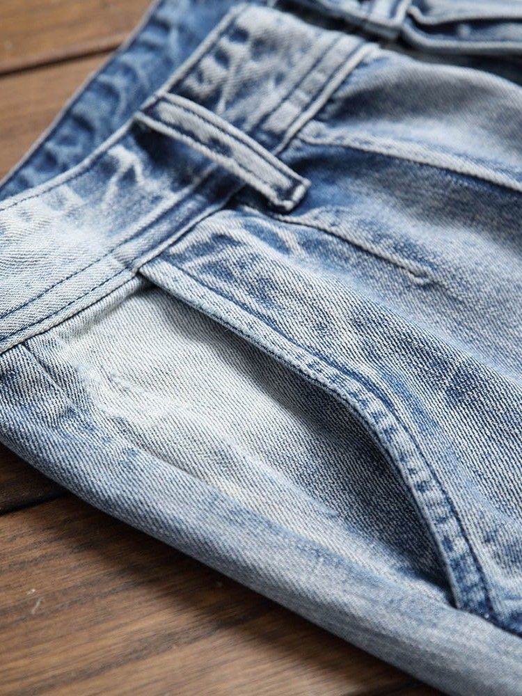 Jeans Casuais Masculinos Com Zíper Reto E Buraco Micro-elástico