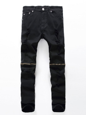 Jeans De Cintura Média Masculinos Com Zíper Reto Liso